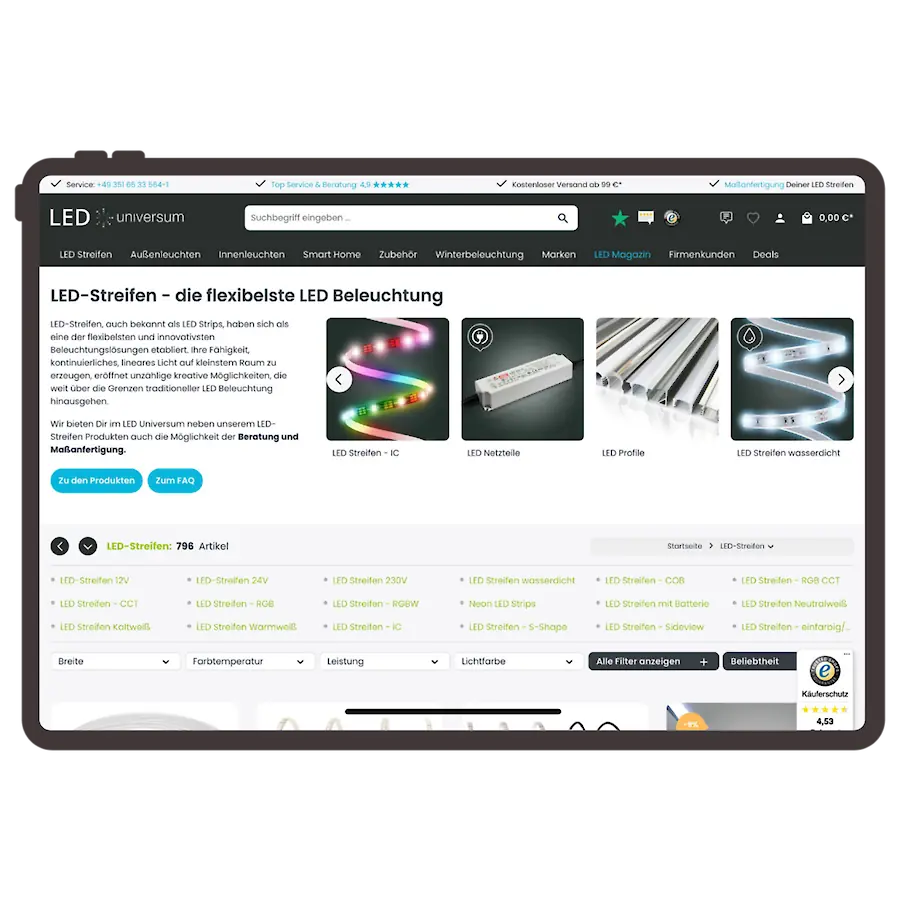 LED Universum Produktliste auf Tablet