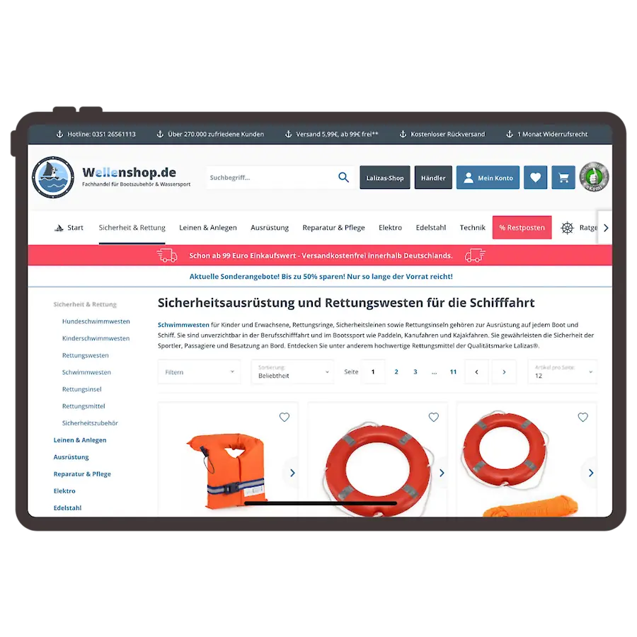 Wellenshop Produktliste auf Tablet